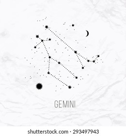 Astrology sign Gemini on white paper background. Zodiac constellation and part of zodiacal system and ancient calendar. Mystic symbol with stars, sun, moon and dots. Western horoscope illustration.