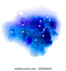 Astrology sign Leo on blue watercolor background. Zodiac constellation and part of zodiacal system and ancient calendar. Mystic symbol with stars, sun, moon and dots. Western horoscope illustration.