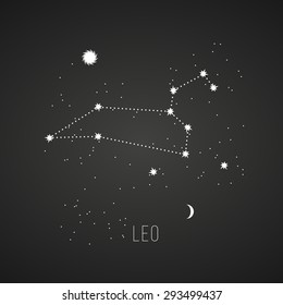 Astrology sign Leo on chalkboard background. Zodiac constellation and part of zodiacal system and ancient calendar. Mystic symbol with stars, sun, moon and dots. Western horoscope illustration.