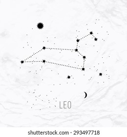 Astrology sign Leo on white paper background. Zodiac constellation and part of zodiacal system and ancient calendar. Mystic symbol with stars, sun, moon and dots. Western horoscope illustration.