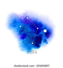 Astrology sign Libra on blue watercolor background. Zodiac constellation and part of zodiacal system and ancient calendar. Mystic symbol with stars, sun, moon and dots. Western horoscope illustration.