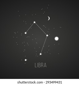 Astrology sign Libra on chalkboard background. Zodiac constellation and part of zodiacal system and ancient calendar. Mystic symbol with stars, sun, moon and dots. Western horoscope illustration.