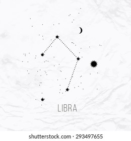 Astrology sign Libra on white paper background. Zodiac constellation and part of zodiacal system and ancient calendar. Mystic symbol with stars, sun, moon and dots. Western horoscope illustration.