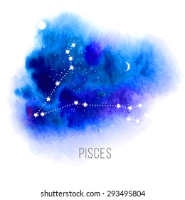 Astrology sign Pisces on blue watercolor background. Zodiac constellation and part of zodiacal system and ancient calendar. Mystic symbol with stars, sun, moon and dots. Western horoscope illustration