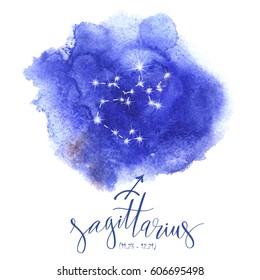 Astrology sign Sagittarius on blue watercolor background with modern lettering. Zodiac constellation with  shiny star shapes. Part of big collection