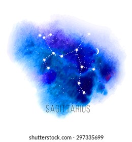 Astrology sign Sagittarius on watercolor background. Zodiac constellation and part of zodiacal system and ancient calendar. Mystic symbol with stars, sun, moon and dots. Western horoscope illustration