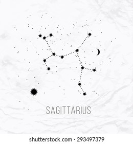 Astrology sign Sagittarius on white paper background. Zodiac constellation and part of zodiacal system and ancient calendar Mystic symbol with stars, sun, moon and dots. Western horoscope illustration