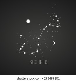 Astrology sign Scorpius on chalkboard background. Zodiac constellation and part of zodiacal system and ancient calendar. Mystic symbol with stars, sun, moon and dots. Western horoscope illustration.