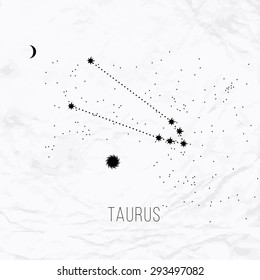 Astrology sign Taurus on white paper background. Zodiac constellation and part of zodiacal system and ancient calendar. Mystic symbol with stars, sun, moon and dots. Western horoscope illustration.