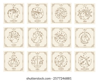 Astrology sign. Zodiac constellation symbols with horoscope icons, abstract astrological minimal line logo for calendar print, esoteric astrology concept. Vector set.