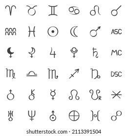 Astrology signs line icons set. Horoscope linear style symbols collection, outline signs pack. Astrology zodiac vector graphics. Set includes icons as Aries, Taurus, Gemini, Capricorn, Saturn, Uranus