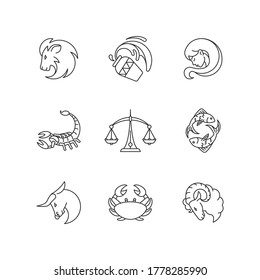 Astrologie-Zeichen Pixel perfekte lineare Symbole gesetzt. Verschiedenes zodiaktisches Horoskop-Vermögen, das anpassbare Dünnlinienkontursymbole aufzeigt. Einzige Vektorgrafik-Rahmenillustrationen. Bearbeitbarer Hub