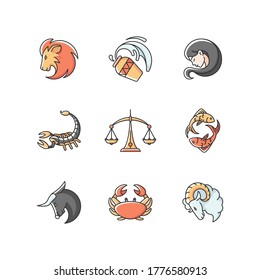 Astrology signs RGB color icons set. Different zodiac horoscope fortune telling. Astrological future prediction. Various birth signs Isolated vector illustrations