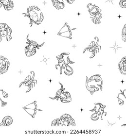 Astrology signs, seamless pattern design, zodiac outline simbols. Vector set illustration