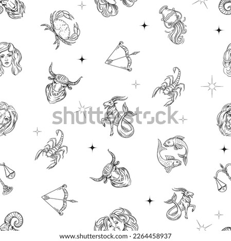 Astrology signs, seamless pattern design, zodiac outline simbols. Vector set illustration
