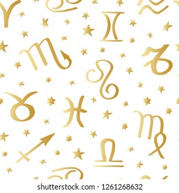 astrology signs and stars golden on blue seamless pattern vector