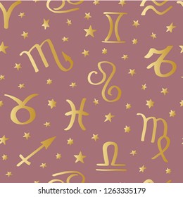 astrology signs and stars golden on pink seamless pattern vector