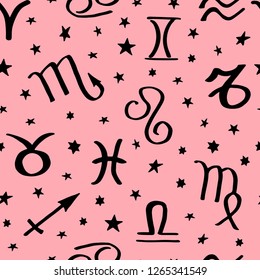 astrology signs and stars golden on pink seamless pattern vector