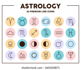 Astrology signs thin line icons. Zodiac and planet signs. Vector illustration symbol elements for web design. 