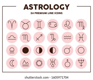 Astrology signs thin line icons. Zodiac and planet signs. Vector illustration symbol elements for web design. 