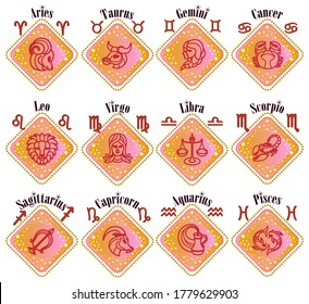 Astrology signs. Zodiac signs. Moon sign labels. Vedic chart symbols. Astrology sticker set. Celestial objects collection. Astronomy badges. Vector stock illustration.