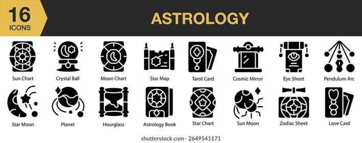 Conjunto de ícones sólidos de astrologia. Inclui astrologia, estrela, astronomia, universo, noite e muito mais. Coleção vetorial de ícones sólidos.
