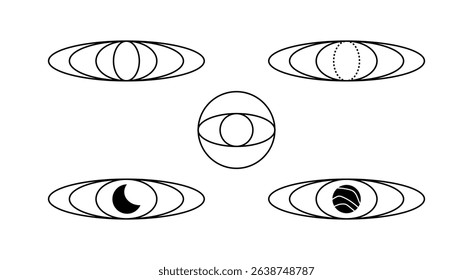 Astrology space planets galaxy ring orbit outline shape illustration icons.