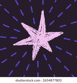 Estrela de astrologia, design de cartão postal. Espaço, cartão postal cosmos com brilho no céu noturno. Doodle giz texturizado twinkle, luz de faísca na escuridão, fundo quadrado. Ilustração de vetor plano