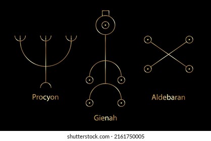 Astrology Stars, PROCYON or Canis Minor, GIENAH or Corvus, ALDEBARAN or Oculus Tauri. Set Hieroglyphic sign, hermetic kabbalistic magic symbols. Gold Line art Vector isolated on black background