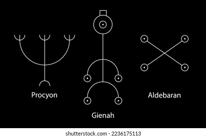 Astrology Stars, PROCYON or Canis Minor, GIENAH or Corvus, ALDEBARAN or Oculus Tauri. Set Hieroglyphic sign, hermetic kabbalistic magic symbols. White Line art Vector isolated on black background