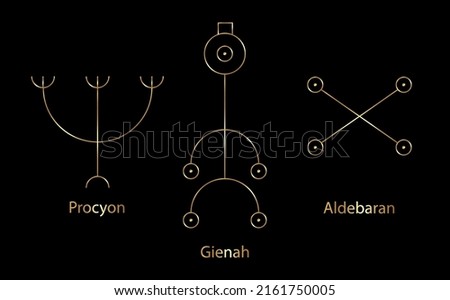 Astrology Stars, PROCYON or Canis Minor, GIENAH or Corvus, ALDEBARAN or Oculus Tauri. Set Hieroglyphic sign, hermetic kabbalistic magic symbols. Gold Line art Vector isolated on black background Stock photo © 