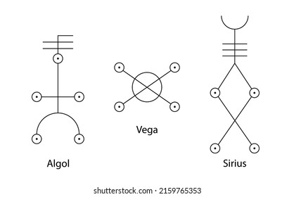 Astrologie Sterne, SIRIUS oder Canis Major, VEGA oder Vultur Cadens, ALGOL oder Dämonenstern. Hieroglyphisches Zeichen setzen, hermetische kabbalistische magische Symbole. Line Art Vektor einzeln auf weißem Hintergrund