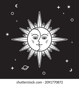 星占いの太陽月タロットカード 白黒の晴れた顔 タトゥー ベクターイラスト 背景にデザイン のベクター画像素材 ロイヤリティフリー