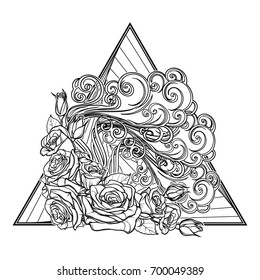 Astrology symbol - Air element. Decorative vignette with curly clouds and rose flower garland on a triangle. Linear drawing isolated on white. Concept design for the tattoo, colouring book or postcard