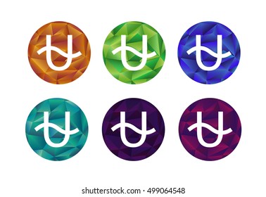 The astrology symbol Ophiuchus on colorful polygonal background. White minimalistic zodiac symbol. Orange, green, blue, turquoise, violet and lilac round-shaped vector templates for horoscope designs