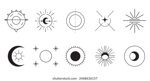 Astrology symbol set: a versatile assortment of abstract celestial icons, including sunbursts and moon phases, designed for astrology-themed projects and spiritual artwork.