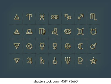 Astrology symbols and mystic signs. Set of astrological graphic design elements. Vector icons collection.