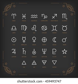 Astrology Symbols And Mystic Signs. Set Of Astrological Graphic Design Elements. Vector Icons Collection.