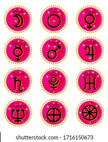 Astrology symbols. Planet signs and name labels. Pink gradient astrological sticker set of 12 round shapes. Vector stock collection with stars and patterns. Astronomy logo and badge design.