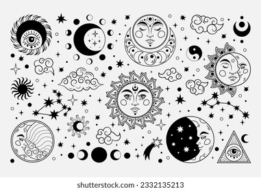 Astrology symbols. Silhouette sun and moon. Black star constellations. Occult vintage clouds. Esoteric or tarot line patterns. Celestial elements set. Vector tidy tattoo illustration