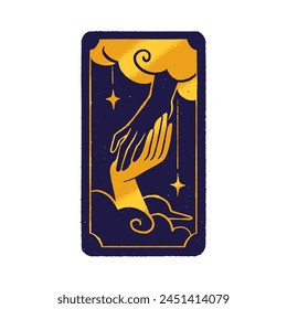 Astrology, Tarot divination, fortune telling. Spiritual card with dark back, gold esoteric symbols. Golden hands touch in the sky. Clairvoyance concept. Flat isolated vector illustration on white