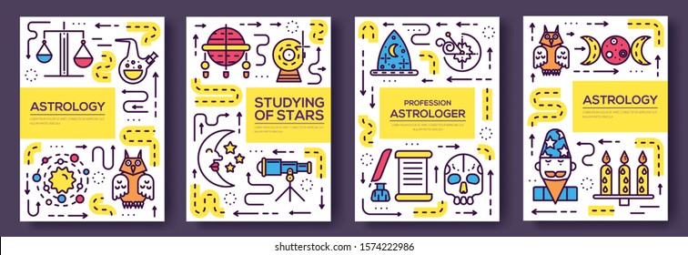Astrologie dünne Linie Broschürenkarten Set. Die farbenfrohe Vorlage von Flyer, Magazinen, Poster, Buchumschlag, Bannern. Studium der Sterne Umriss Einladung Konzept Hintergrund. Moderne Seiten in Layoutqualität.