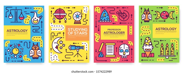 Astrology thin line brochure cards set. The colorful template of flyer, magazines, posters, book cover, banners. Studying of stars outline invitation concept background. Layout quality modern pages.