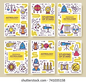 Astrology thin line brochure cards set. The colorful template of flyear, magazines, posters, book cover, banners. Studying of stars outline invitation concept background. Layout quality modern pages.