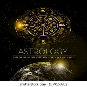 Astrology vector background. Example of the natal chart the planets in the houses and aspects between them. Earth Planet