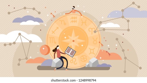 Astrology vector illustration. Flat zodiac constellation knowledge symbols. Abstract ancient calendar concept with all character collection. Mythology esoteric culture ornaments learning from nature.