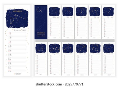 Astrology Wall Monthly Calendar 2022. Vertical calendar Layout for 2022 year in English with zodiac signs, star, moon on blue sky. Cover Calendar, 12 months templates. Vertical data grids. Vector