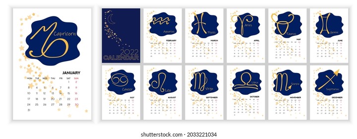 Astrology Wall Monthly Calendar 2022. Vertical calendar Layout for 2022 year in English with zodiac signs, star, moon on blue sky. Cover Calendar, 12 months templates. Monday week start. Vector