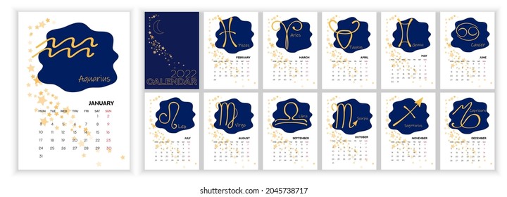 Astrology Wall Monthly Calendar 2022. Vertical calendar Layout 2022 year, English with zodiac signs, star, moon on blue sky. Cover Calendar, 12 months templates. Monday week start. Vector illustration