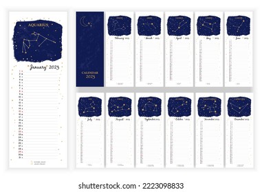 Astrology Wall Monthly Calendar 2023. Vertical photo calendar Layout for 2023 year in English with zodiac signs, star, moon on blue sky. Cover Calendar, 12 months templates. Vector illustration